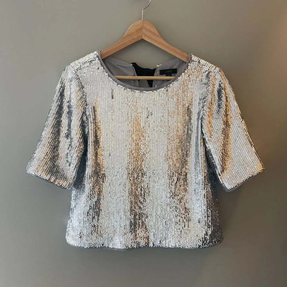 NWOT J.Crew Sequin Party Top Ribbon Bow Back Silver Size 000